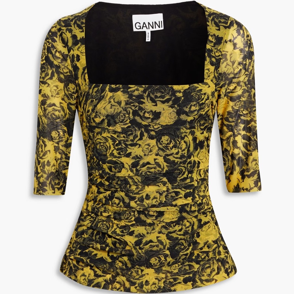 Ganni Ruched Floral Print Mesh Top